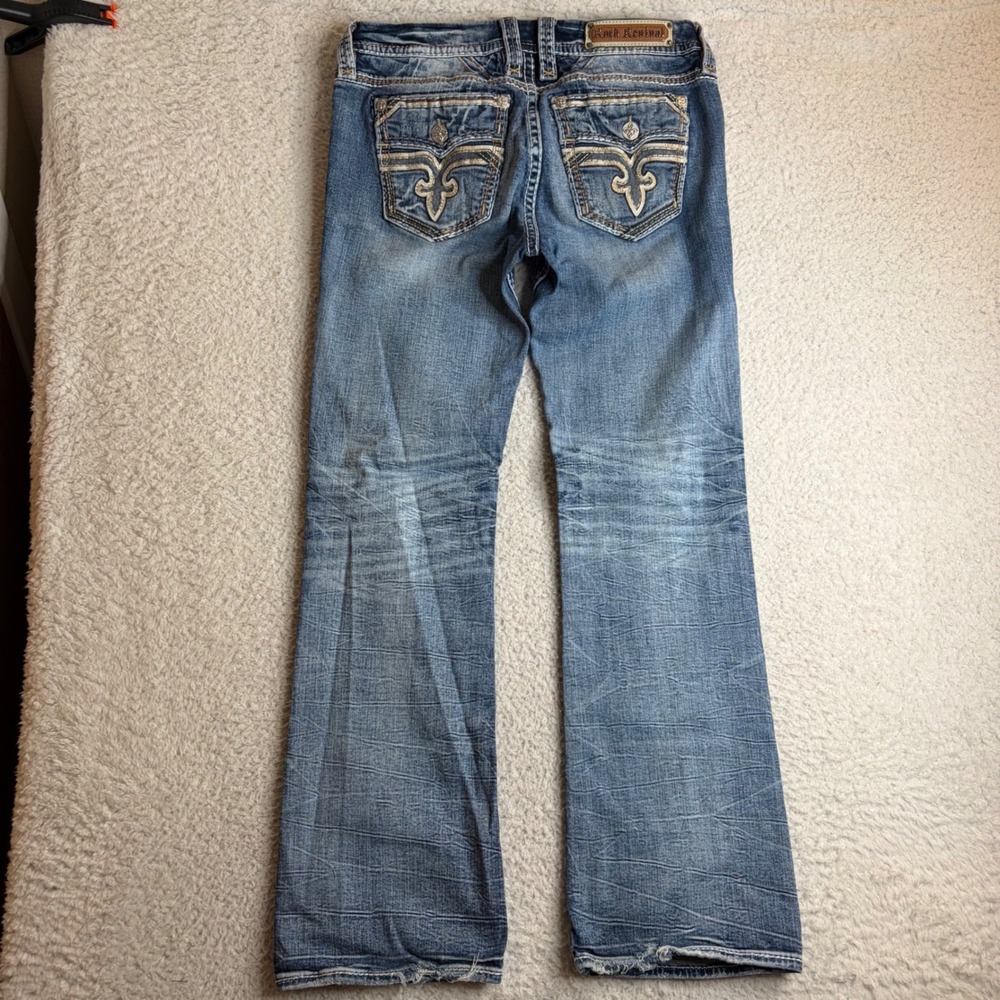 Rock Revival Olivine Bootcut Jeans Medium Wash Distressed Fleur De Lis Size 32
